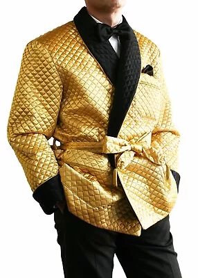 Men Quilted Robe Vintage Smoking Dressing Gown Luxury Black Satin Lapel Coat • $233.10