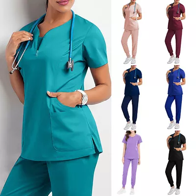 Women Medical Scrub Doctor Uniform Workwear Nurse Dentist Hospital Pants Top Set • £18.71