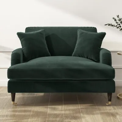 Velvet 2 Seater Loveseat Sofa Couch In Green With Cushions • £549.95