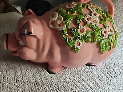 Vtg 1976 Large BIG PINK Plastic Daisy Pig Piggy Bank USA Floral Art Deco Hipster • $97.88