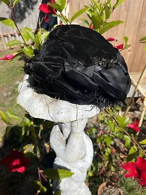 Victorian 1800’s Crushed Black Velvet And Silk Tie Bonnet Hat Steampunk • $50.57