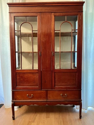 £135 • Buy Elegant Antique Inlaid Mahogany Display Cabinet With Drawers Edwardian