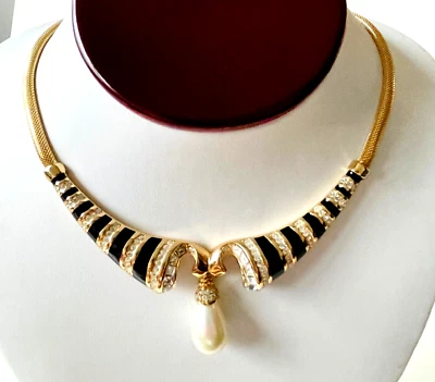 Stunning Vintage Grosse (dior) Clear Crystal/black Enamel/pearl Drop Necklace • £120