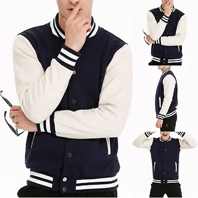 Men's Baseball College Jacket Varsity Fleece Letterman Badge Long Sleeves Coats • £23.99