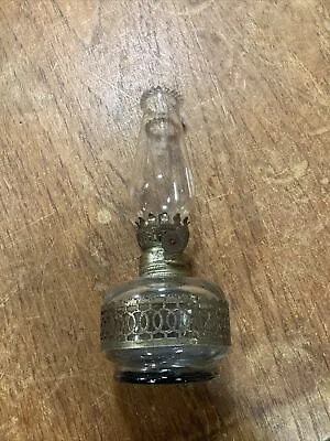 Clear Glass Oil Lamp With Etched Chimney & Ornate Metal Decor Model No 6011 • £10