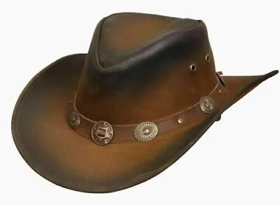 Australian Leather Cowboy Western  Style Tan Brown Faded Hat With Chinstrap UK • £17.95