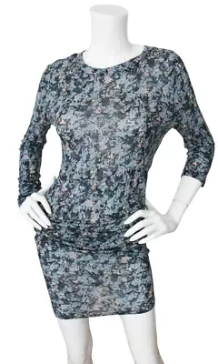 Vanessa Bruno Dress Womens Sz 3 Blue Floral Print Wool Asymmetric Sleeve Ruched • $19.47