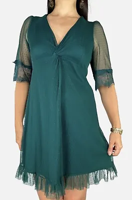 $32.95 • Buy ASOS Emerald Green Eyelash Lace V-Neck Twist Front Babydoll Dress Size AU 10-12