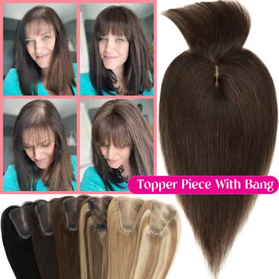 Topper Real Remy Human Hair Clip In Silk Base Hairpiece Wig With Bangs Brown 8A • £63.95