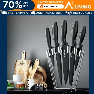 7PCS Kitchen Knife Set Non Stick Stainless Steel With Sharpener Block HRC 53 • $35.65