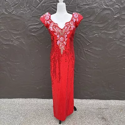 Vintage 80s 90s Alyce Designs Red Sequin Gown Dress Prom Party Womens Size 12 • $149.99