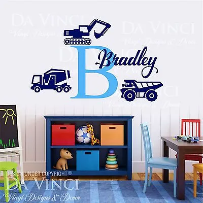 Custom Name Monogram Wall Decal Sticker Vinyl Construction Trucks Room Nursery • $21.99