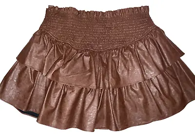 Brown Pleather Ruffled Mini Skirt Smocked Shorts Attached Underneath Sz Large • $19