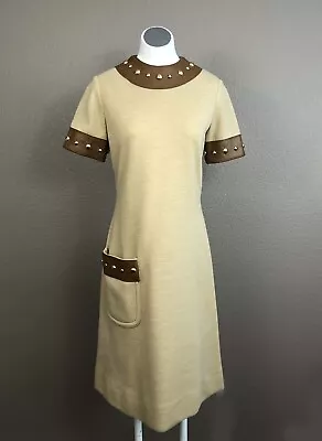 70s Vintage Junior Accent Double Knit Dress W Brass Studs Sz 12 Preowned Fashion • $22.50