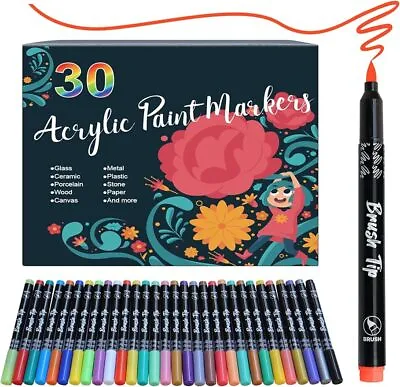 Waterproof Paint Markers 30 Color Brush Tip Acrylic Paint Pens For Rock Painting • £36.99