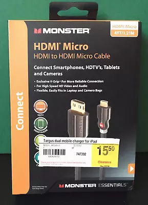 Monster 4 Ft High Performance HDMI To HDMI Micro Cable ~ New Sealed • $14.07