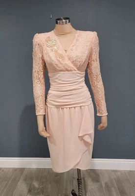 £29.07 • Buy Vintage ABBEY KENT Light Peachy Pink Lace Chiffon Sheath Dress S/M
