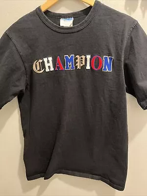 1990s Champion Logo T Shirt S Black Cotton Crew Olde English Letters Vintage • $19.95