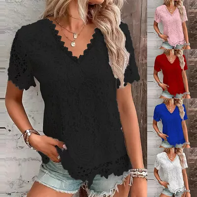 Womens V-Neck Lace T-Shirt Tops Ladies Short Sleeve Summer Casual Blouse Shirt • $19.99