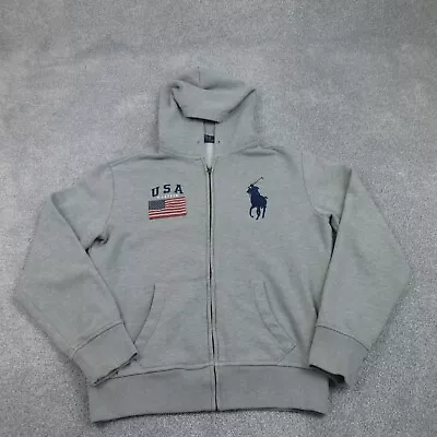 Ralph Lauren Hoodie Mens Medium Grey Polo Jumper Full Zip USA Flag Big Pony RL • £29.99