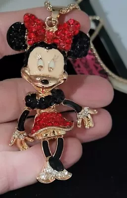 Betsey Johnson Minnie Mouse Gold Red Black Crystals 3D JOINTED Necklace Pendant • $17.99