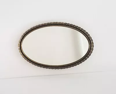 Vanity Dresser Oval Mirror Tray Wall Filigree Gold Metal Frame Vintage 9x12 • $20