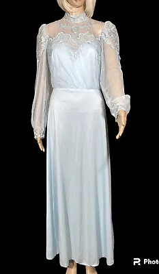Vintage Powder Blue Size 18 Formal Long Dress 1977 Illusion Lace Maxi Gown USA • $49.99