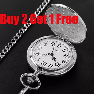 Smooth Vintage Steel Pocket Watch Quartz Pendant And Chain Vintage For Men Women • £5.71