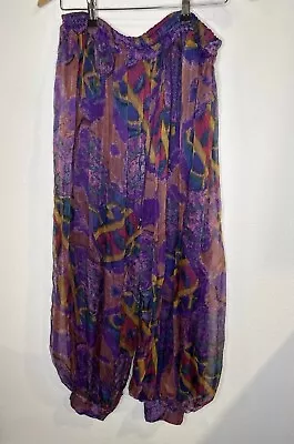 Vintage Chiffion Silk Pants Boho Flow Parachute Paisley Purple Pretty Rare Women • $29.99