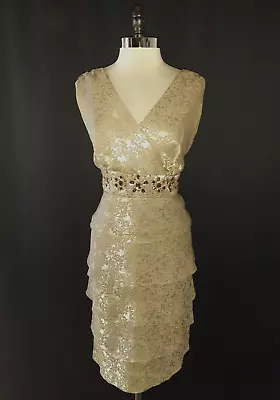R&M RICHARDS Size 18 Sheath Dress Gold Floral Sleeveless Sparkles Tiered Ruffles • $34.99