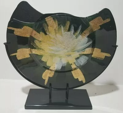 Vase Cased Art Glass With Metal Stand Abstract Floral Metallic 15  Modern Fused • $64