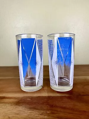 MCM Libbey Atomic Starburst Highball Glasses Blue & White Set Of 2 • $23