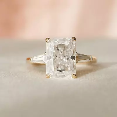 3 Ct Radiant Cut Moissanite Three Stone Engagement Ring 14K Yellow Gold Plated • $133.49