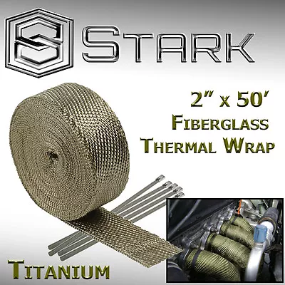 $24.99 • Buy 2  X 50FT Exhaust Header Fiberglass Heat Wrap Tape W/ 5 Steel Ties Titanium (VW)