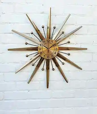Gold Atomic Clock Starburst Wall Clock George Nelson Style Handmade 70s Sunburst • $195