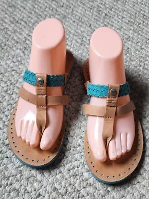 UGG Audra Size 7 Teal & Tan Braided Leather Thong Flat Sandals Flip Flops Women • $27