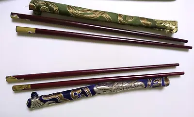 Fancy Vintage Chopsticks Vinyl? Plastic 2 Sets With Fabric Holders+wooden Thing • $10