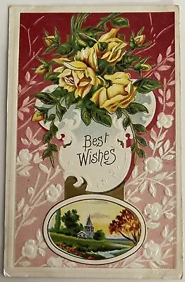 Greetings Best Wishes Red Shade Back Yellow Flowers Country Inset Vtg Postcard • $2.99