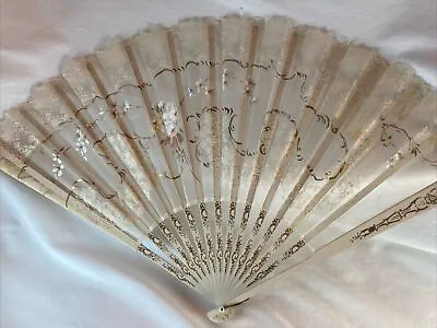 Antique Vtg Large  Celluloid Hand Painted Lace Fabric Fan Floral • $29.95