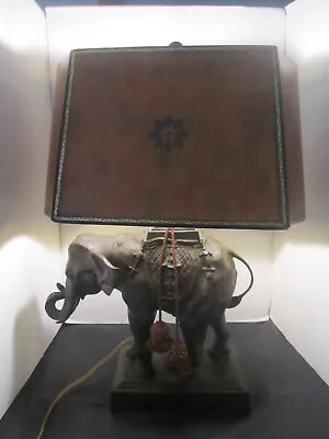 Maitland Smith Bronze Figural Elephant Lamp Original Faux Tooled Leather Shade • $999.95