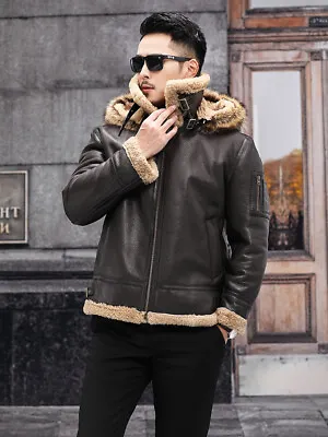 Real Fur Collar Sheepskin Mens Genuine Leather Motorcycle Jacket Hooded Fur Coat • $284.39