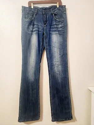 Women's Cowgirl Tough Western Blue Denim Bootcut Jeans Size 34x37 Distressed • $11.99