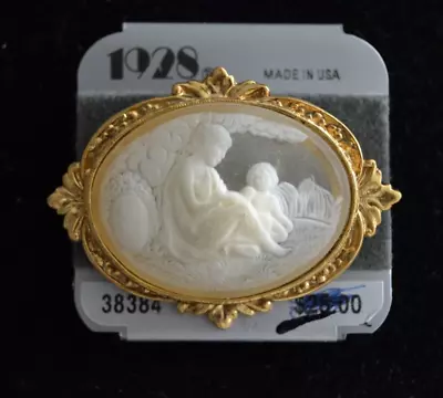 1928 Vintage Brooch Goldtone MOTHER & CHILD CAMEO Metal Pin Made USA NOC • $28