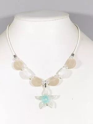 Silver Tone White Acrylic Scallop Shell Flower Faux Pearl Cord Necklace 18 In • $10.84