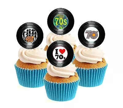 Novelty 70's Party Vinyl Collection 12 Edible Stand Up Wafer Paper Cake Toppers • £3.29