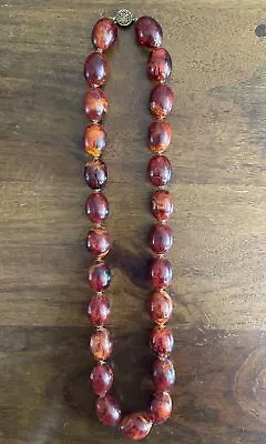 Rare Vintage Genuine Amber Oval Bead Beaded Necklace 105 Grams Sterling Clasp • $13.99