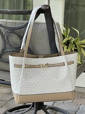 Michael Kors Reed Large Belted Tote Shoulder Bag Mk Vanilla Camel Logo Signature • $147.99