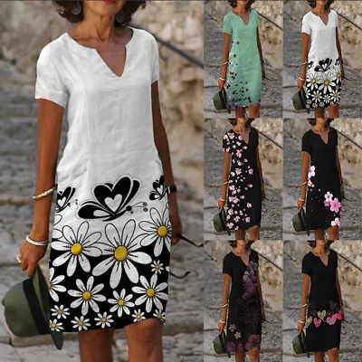 $25.89 • Buy Women V Neck Floral Print Shirt Loose Sundress Ladies Holiday Short Sleeve Dress