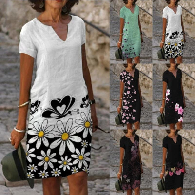 $25.89 • Buy Women V Neck Floral Print Shirt Loose Sundress Ladies Holiday Short Sleeve Dress