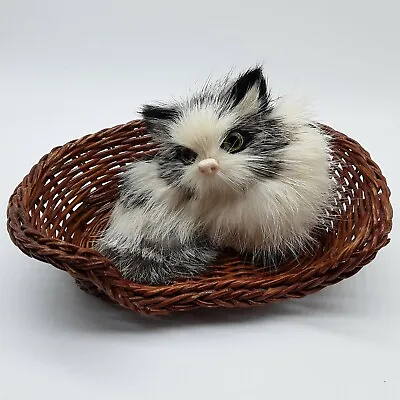 Vintage Real Fur Miniature Dollhouse Kitten Cat White Black Brown Glass Eyes K • $23.51